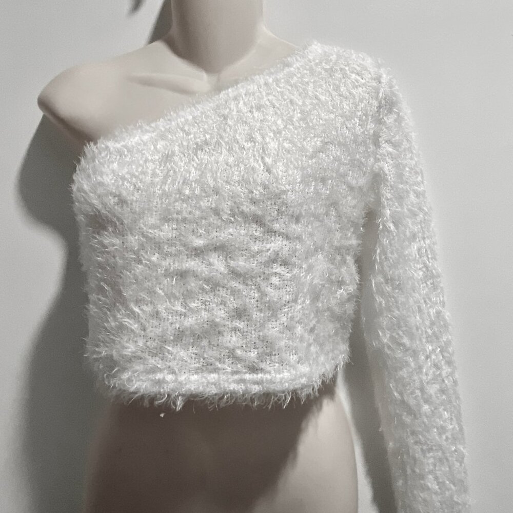 Girls Asymmetrical One Shoulder Fairy Coquette Y2K Cropped Fuzzy Eyelash Top 12